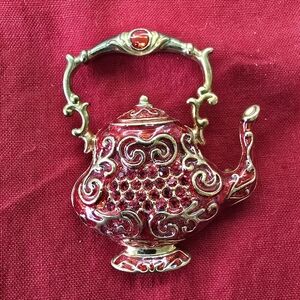 Teapot Brooch Pin Red Rhinestones Enamel Gold-tone